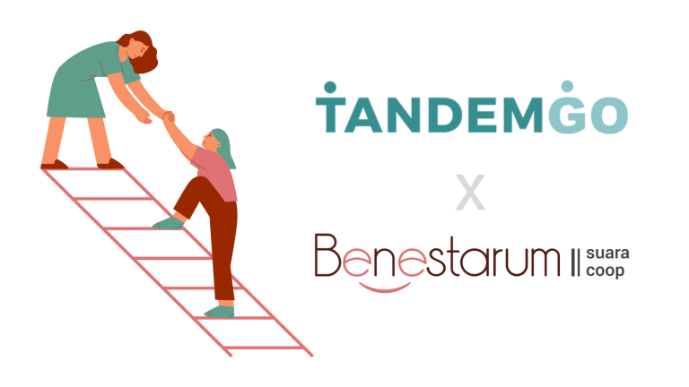 Dibuix de dues dones col·laborant per pujar una escala amb els logotips de les dues organitzacions